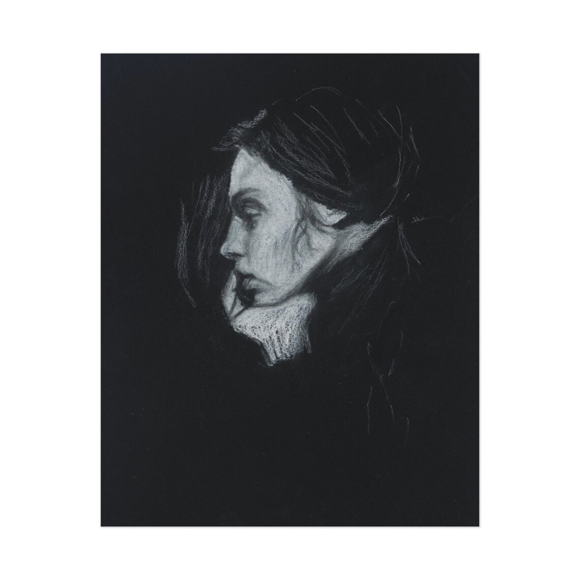 Wonder Charcoal Woman Profile on Deep Black Background Art Print - Image 3