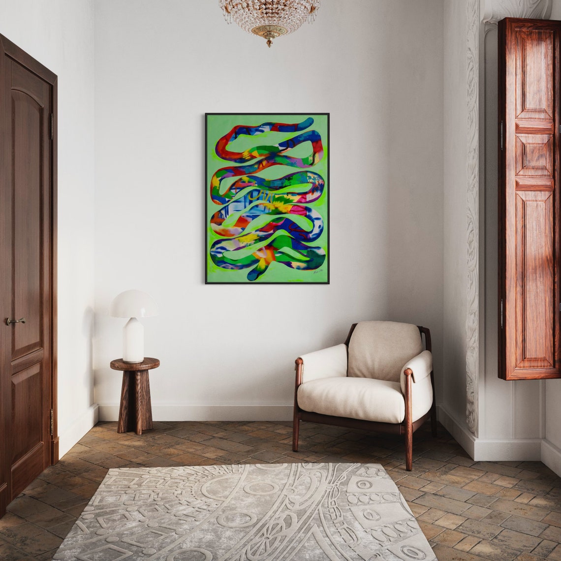 Neon Green Winding Ribbon Over Multicolor Streaks Abstract Poster - Image 3
