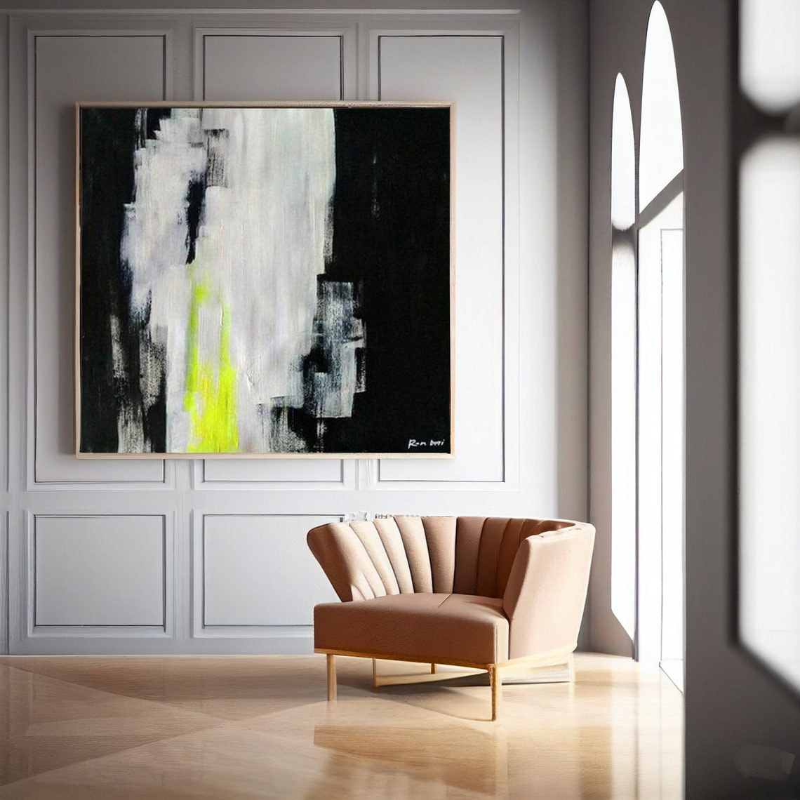 Neon Lime Green Streak on Black White Moody Abstract Art Print