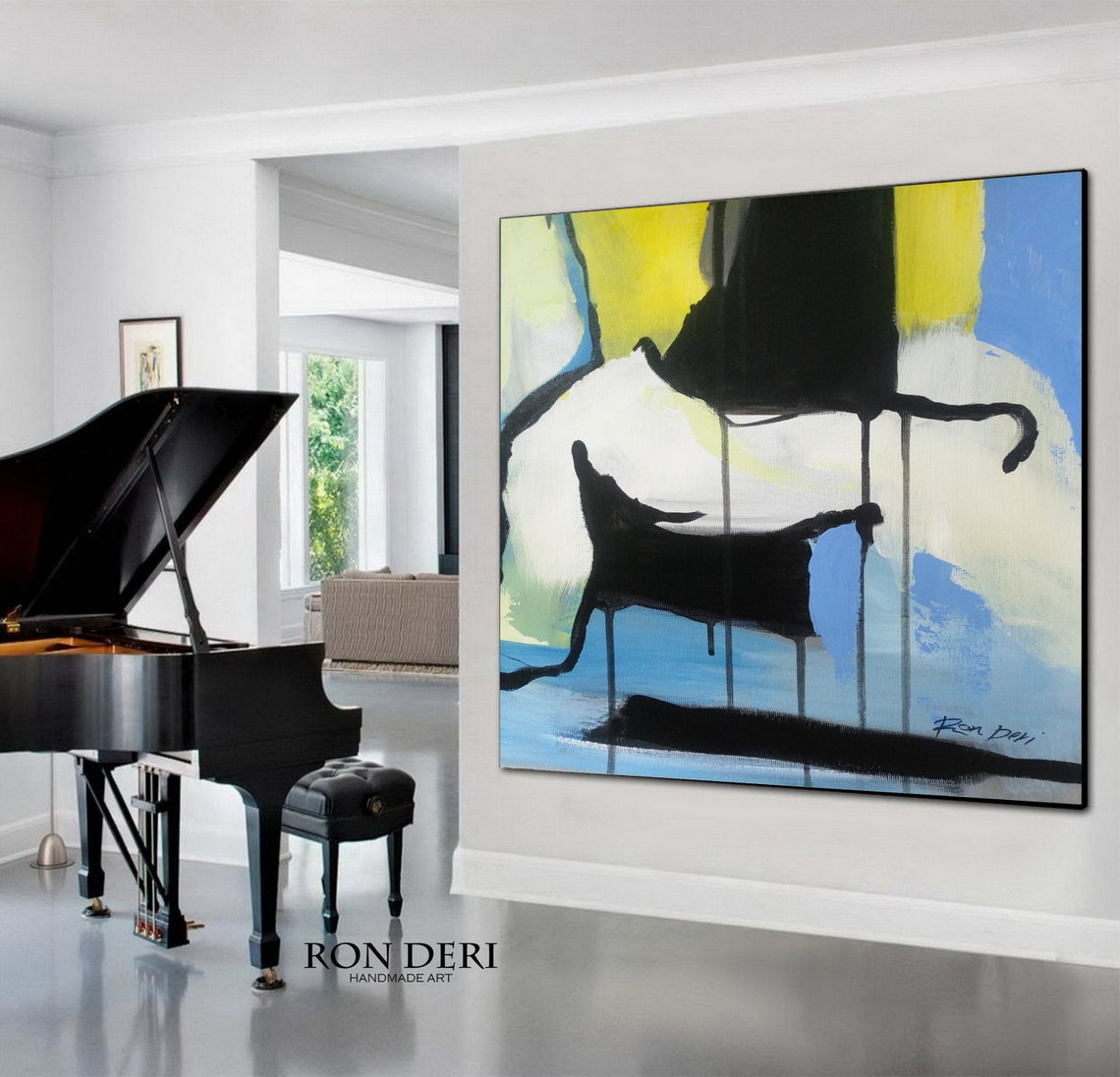 Bold Black Form Over Bright Blue Yellow Playful Abstract Art Print - Image 6