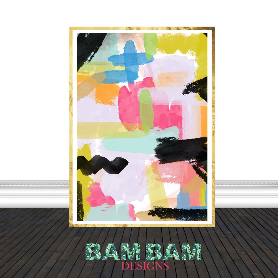 Colorful Abstract Brushstroke Blue Pink Yellow Black Modern Art Print - Image 2