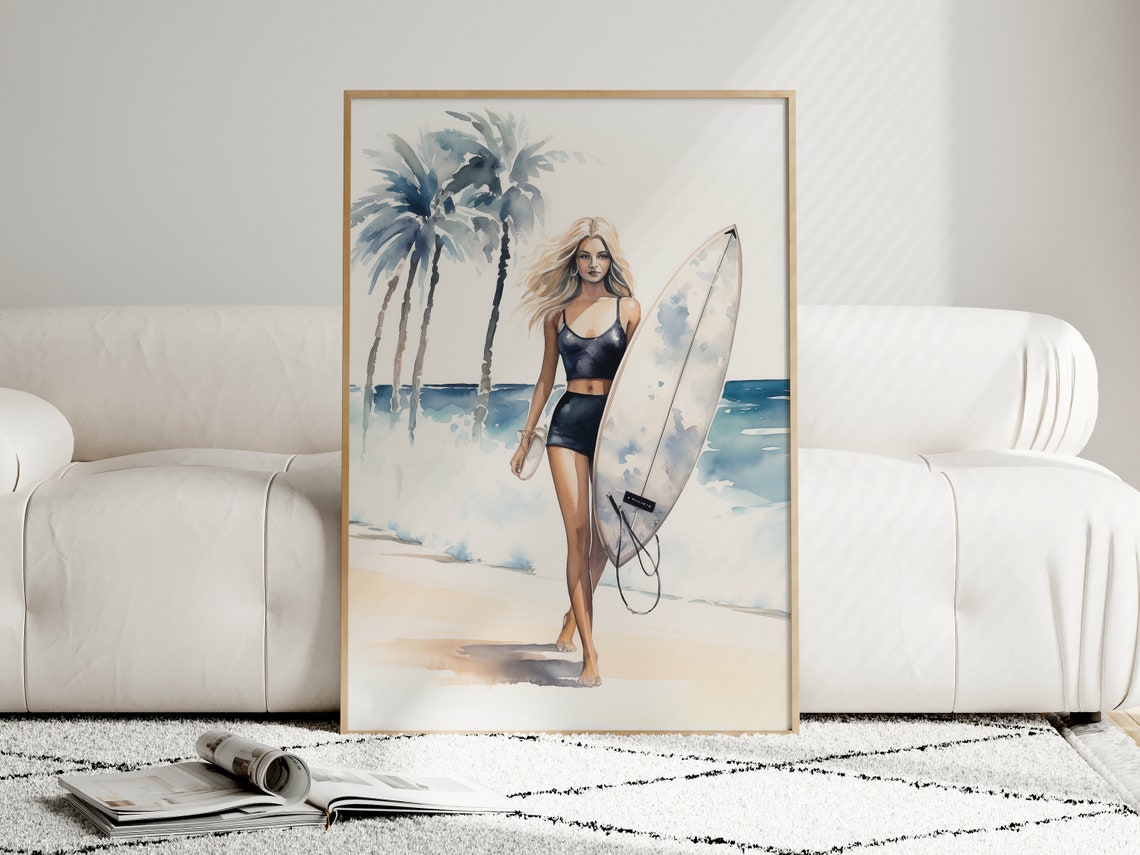 Surfer Woman Watercolor Tropical Beach Palm Trees Art Poster