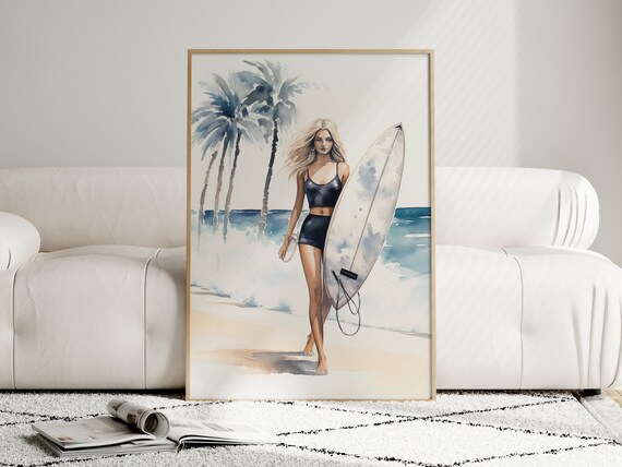 Woman With Surfboard Print Watercolor Surfer Girl Poster Tropical Coast Wall Art Beach House Decor Boho Surfboard Print File