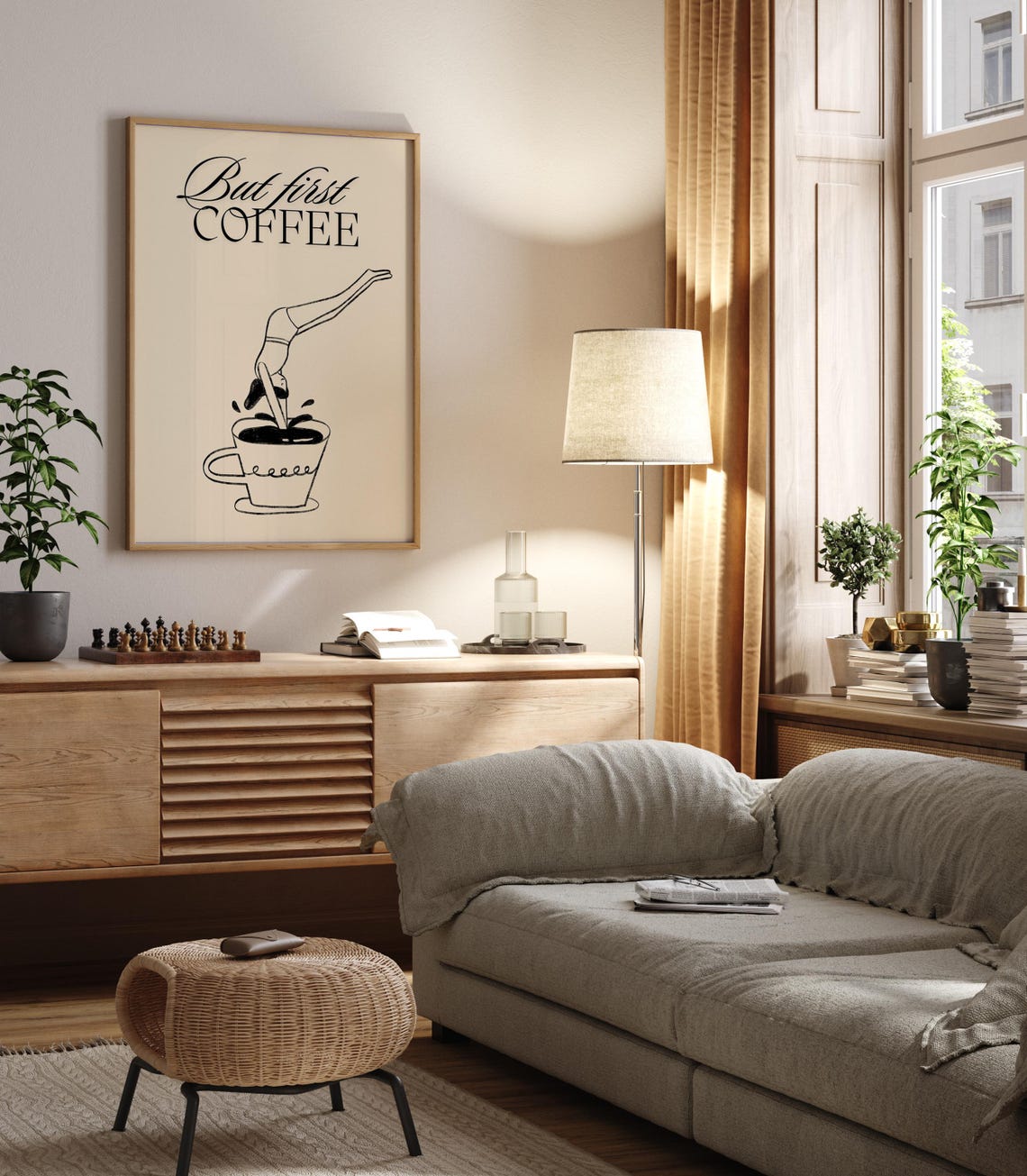 But First Coffee Woman Diving Into Cup Minimalist Line Art Poster - Image 2