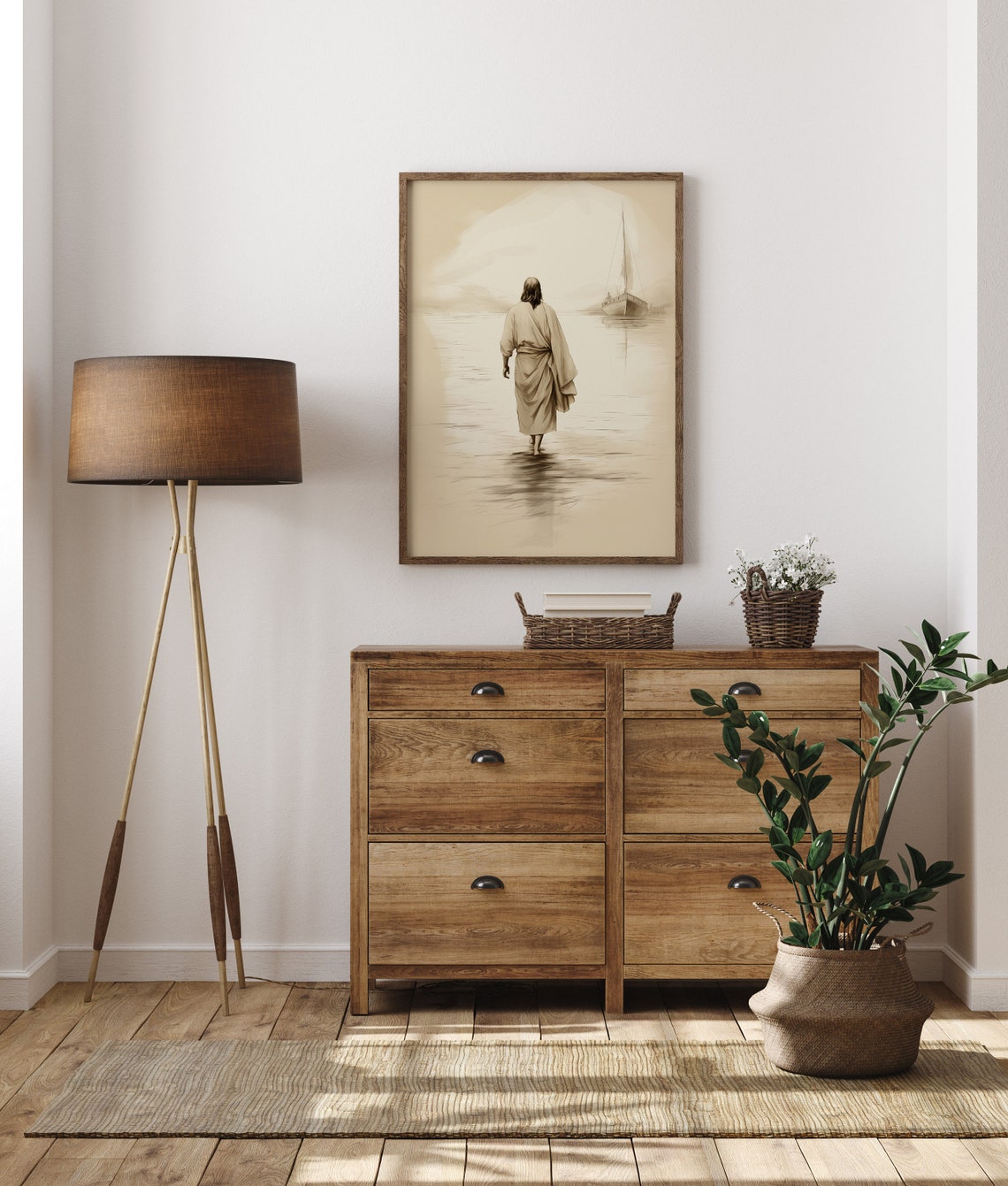 Jesus Walking on Water Sepia Sketch Sailboat Serene Faith Poster - Image 2