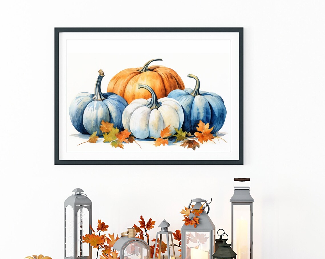 Watercolor Blue White And Orange Pumpkins Autumn Leaves Poster - Image 4