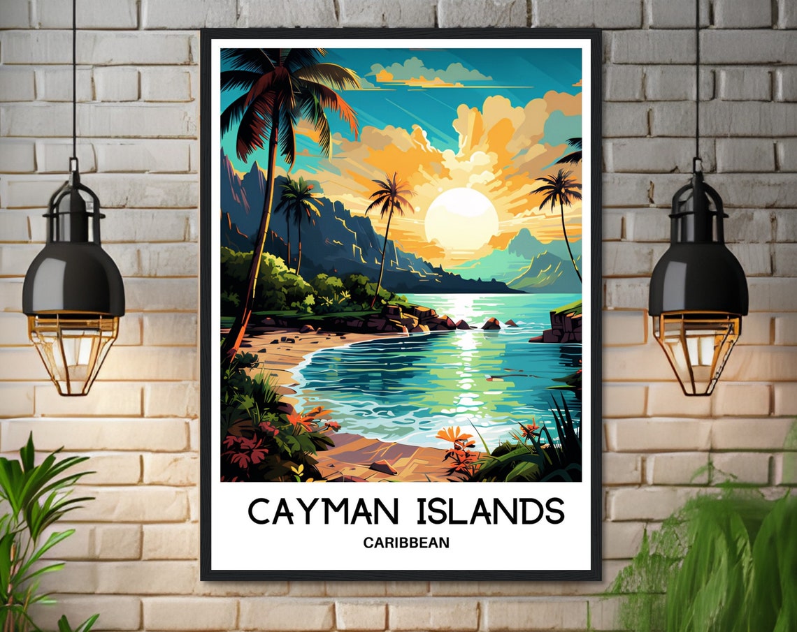 Cayman Islands Caribbean Beach Sunset Palm Coast Travel Poster - Image 3