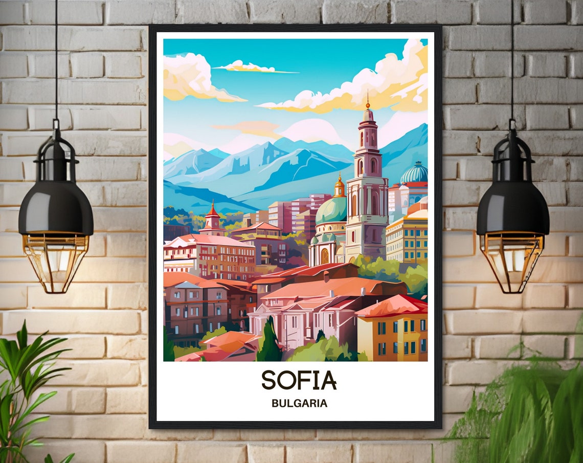 Sofia Bulgaria Travel Poster of the City Center with Mountain Backdrop - Image 3