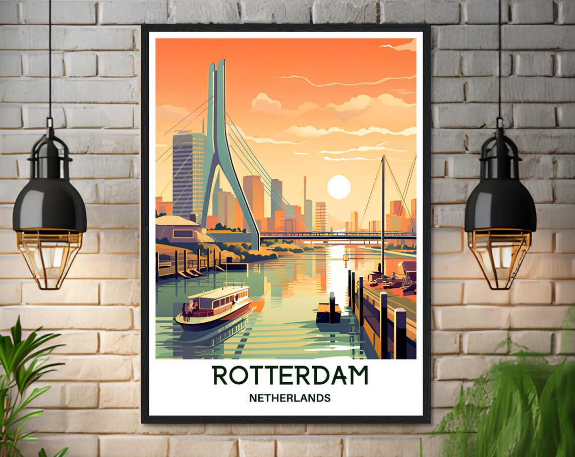 Rotterdam Netherlands Travel Poster of the Erasmus Bridge at Sunset - Image 3