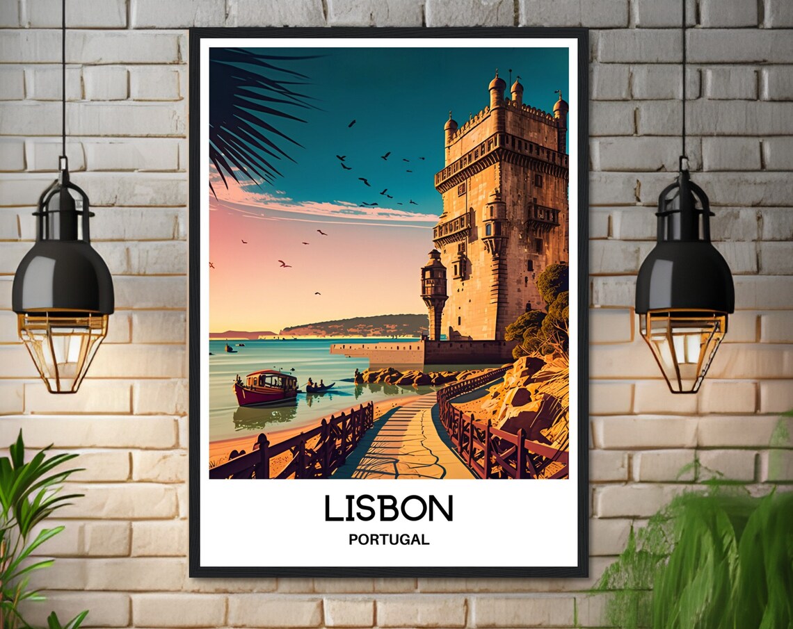 Lisbon Portugal Belem Tower Sunset Over Tagus River Travel Poster - Image 3