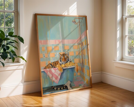 Funny Tiger Bathroom Art Quirky Animal In Bathtub With Crisps Bold Summer Wall Print For Playful Interiors Eclectic Decor Home