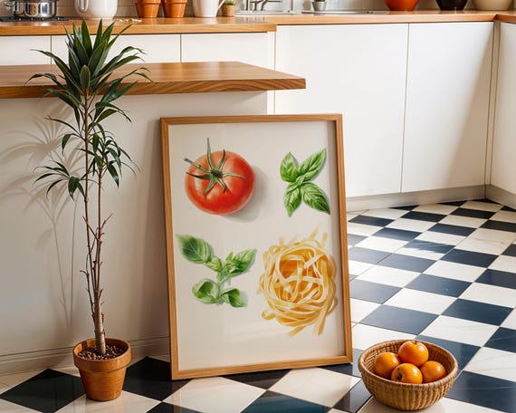 Tomato Basil And Pasta Watercolour Kitchen Print Rustic Italian Cooking Wall Art For Or Dining Room Fresh Herb Poster Chefs