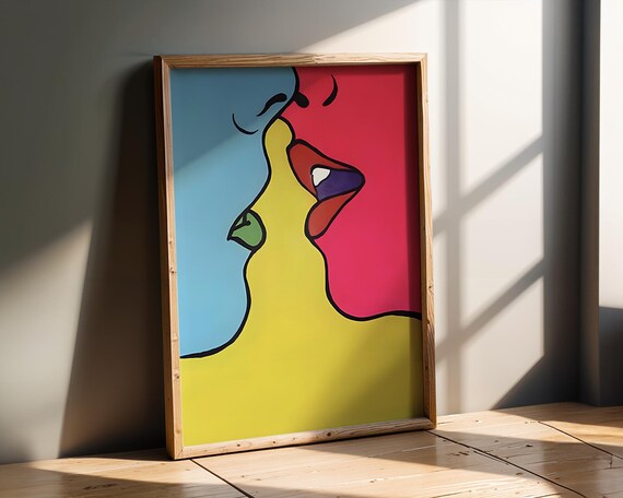 Abstract Pop Art Kiss Poster Bold Colourful Modern Wall Minimalist Line Lips Print Contemporary Romantic Home Decor Office