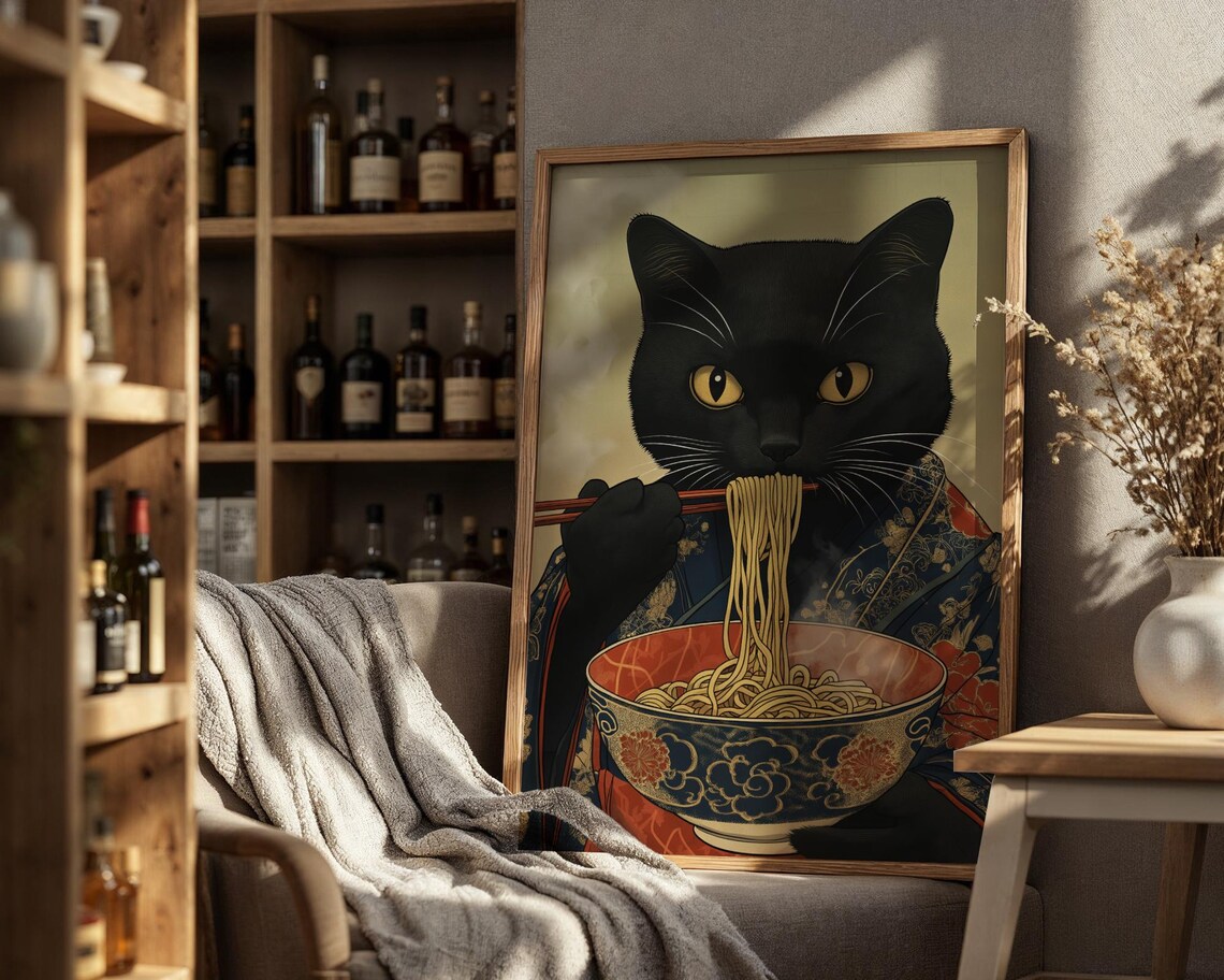 Ramen Cat Eating Noodles, Funny Japanese Poster