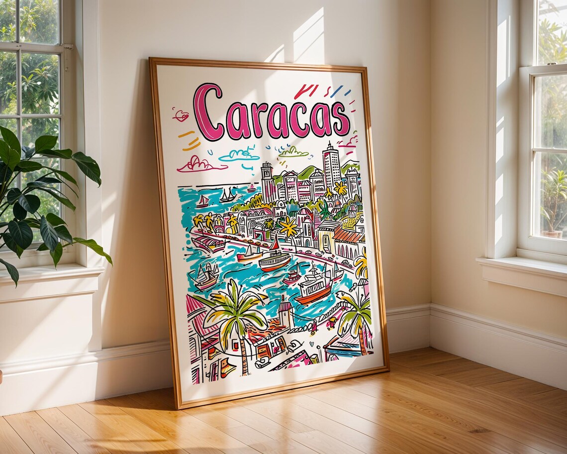 Caracas Venezuela Colorful Illustrated Harbor City Travel Poster