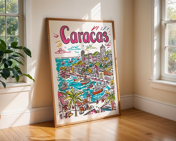 Caracas Venezuela Colorful Illustrated Harbor City Travel Poster
