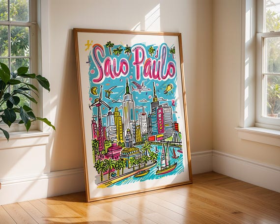 So Paulo Brazil Poster Colourful Cityscape Art Print Wall Decor Travel Handdrawn Illustration Gift