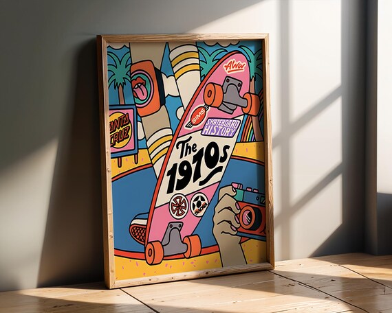 Retro Skateboard 1970s Pop Art Print Vintage Skater Wall Decor With Bold Colours Stickers Palm Tree Beach Scene For Skate Culture Fans
