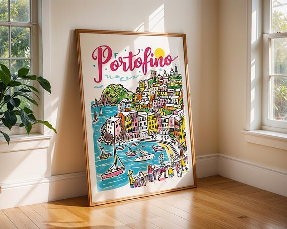 Portofino Italy Poster Colourful Coastal Wall Art Italian Riviera Print Travel Gift For Her Hand Drawn Illustration Harbour Town