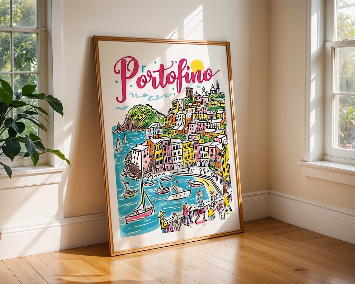Portofino Italy Handdrawn Colorful Harbor Scene Travel Poster