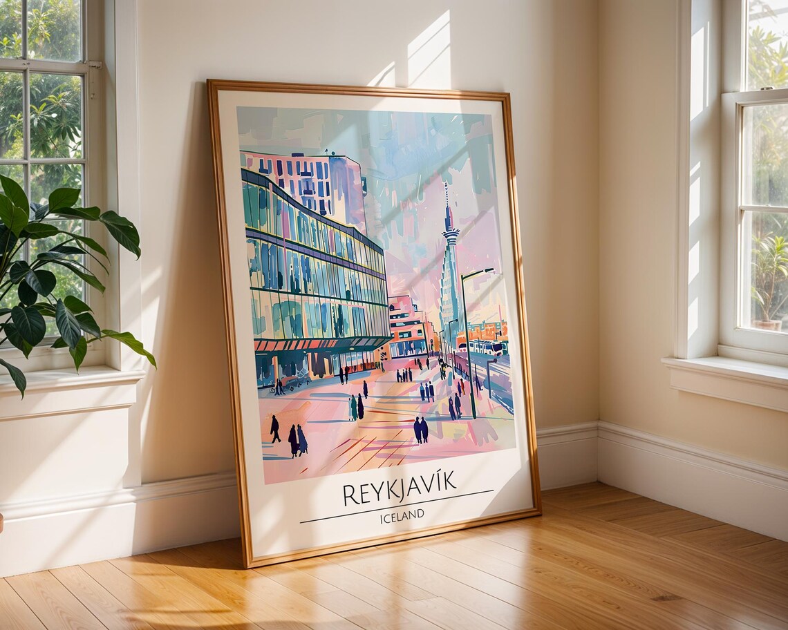 Reykjavik Iceland Pastel Watercolor City Street Travel Poster