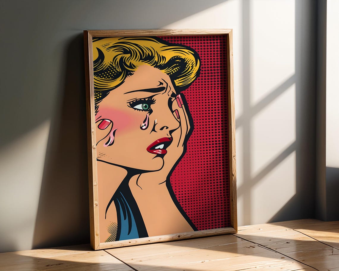 Vintage Pop Art Crying Woman Halftone Comic Style Decor Poster