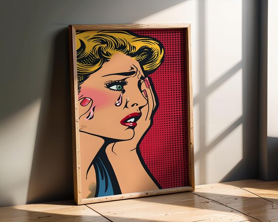 Crying Pop Art Woman Blonde Hair Comic Style Vintage Retro Halftone Dots Print Emotional Decor Home Office Bedroom