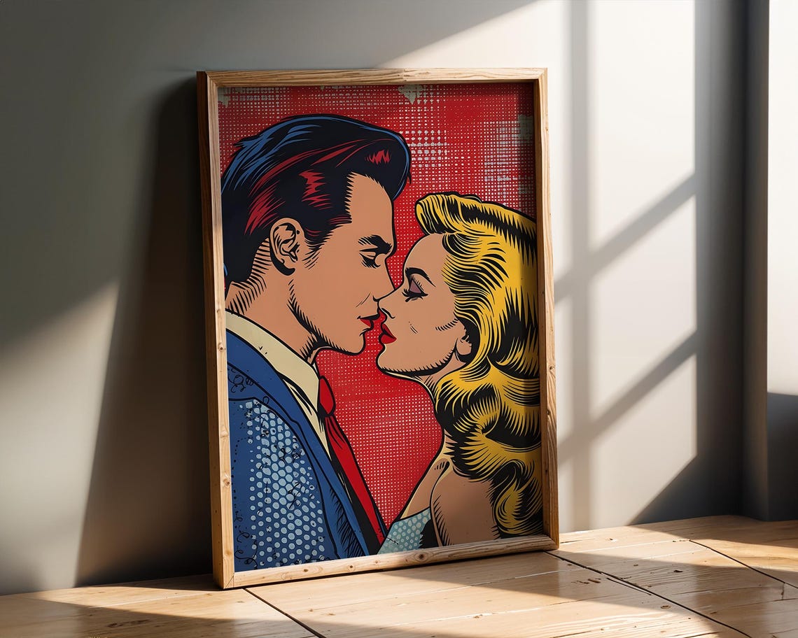 Kissing Couple Pop Art Retro Comic Romance Anniversary Poster