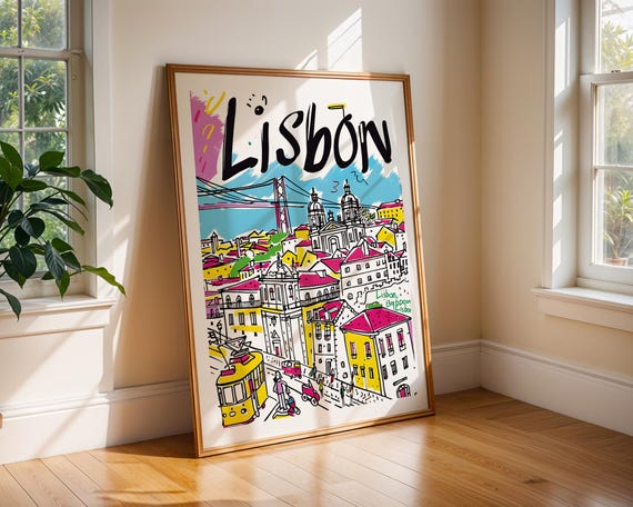 Lisbon Portugal Poster Colourful Cityscape Wall Art Handdrawn Illustration Famous Yellow Tram Bridge Buildings Travel Print