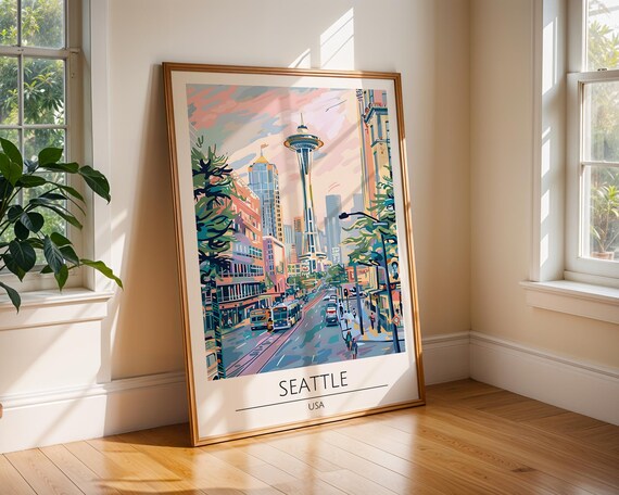 Seattle USA Space Needle Street Watercolor Cityscape Art Poster