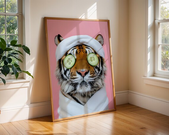 Tiger Spa Day Wall Art Funny Animal Print With Cucumber Eyes White Towel Quirky Summer Decor For Bold Playful Interiors Home