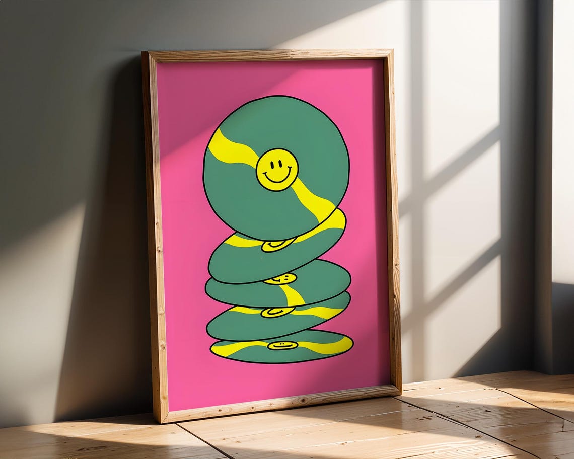 Smiley Vinyl Record Stack Retro Pop Art Music Poster Pink Green