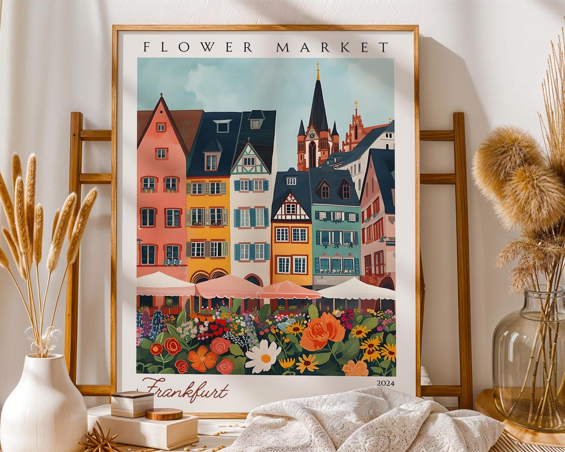 Frankfurt Flower Market Half Timbered Old Town 2024 Travel Poster