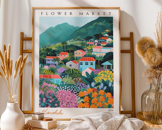 Honolulu Flower Market Tropical Hillside Village 2024 Travel Poster