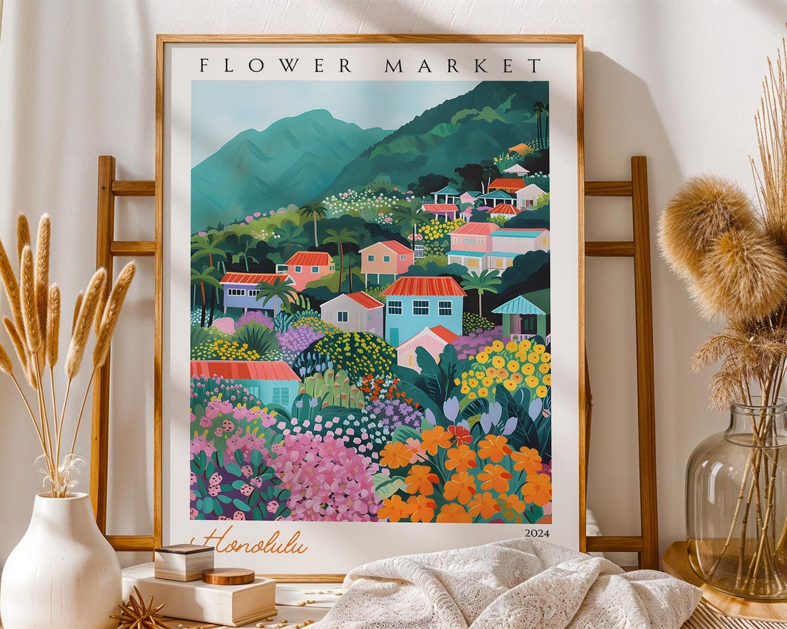 Honolulu Flower Market Tropical Hillside Village 2024 Travel Poster