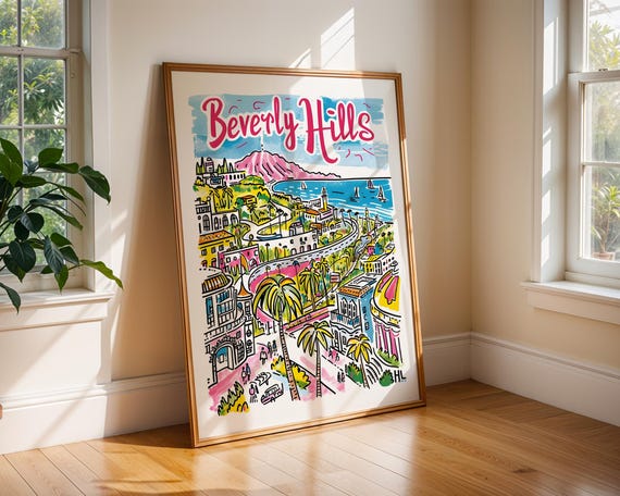 Beverly Hills Poster Colourful Coastal Wall Art La Travel Print Handdrawn Illustration Home Decor Luxury City