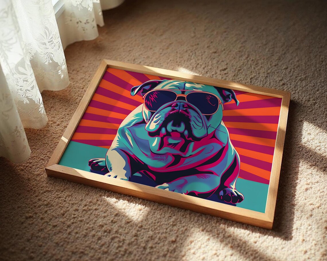 Bulldog With Sunglasses Colorful Retro Pop Art Style Animal Poster