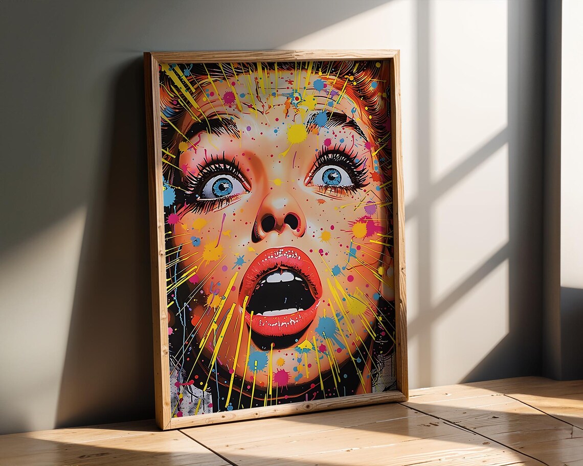 Pop Art Paint Splatter Woman Comic Book Style Wall Shocked Expression Vibrant Poster Colourful Drips Modern Decor Boho Home