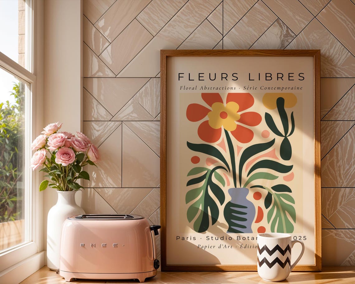 Fleurs Libres Abstract Flower Vase Red Poppy Paris Art Print