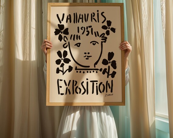 Picasso Vallauris Exhibition Print Floral Abstract Face In Black Ink French Modern Poster For Bold Art Lovers Vintage Wall Office