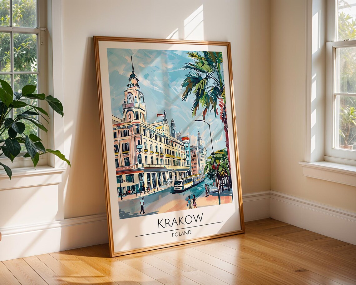 Krakow Poland Travel Poster Print Colourful European City Street Scene With Tram And Historic Architecture Modern Wall Art For Home