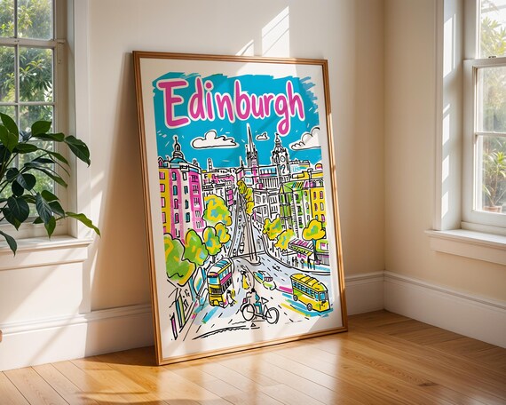 Edinburgh Handdrawn Colorful Cityscape Tram Travel Art Poster