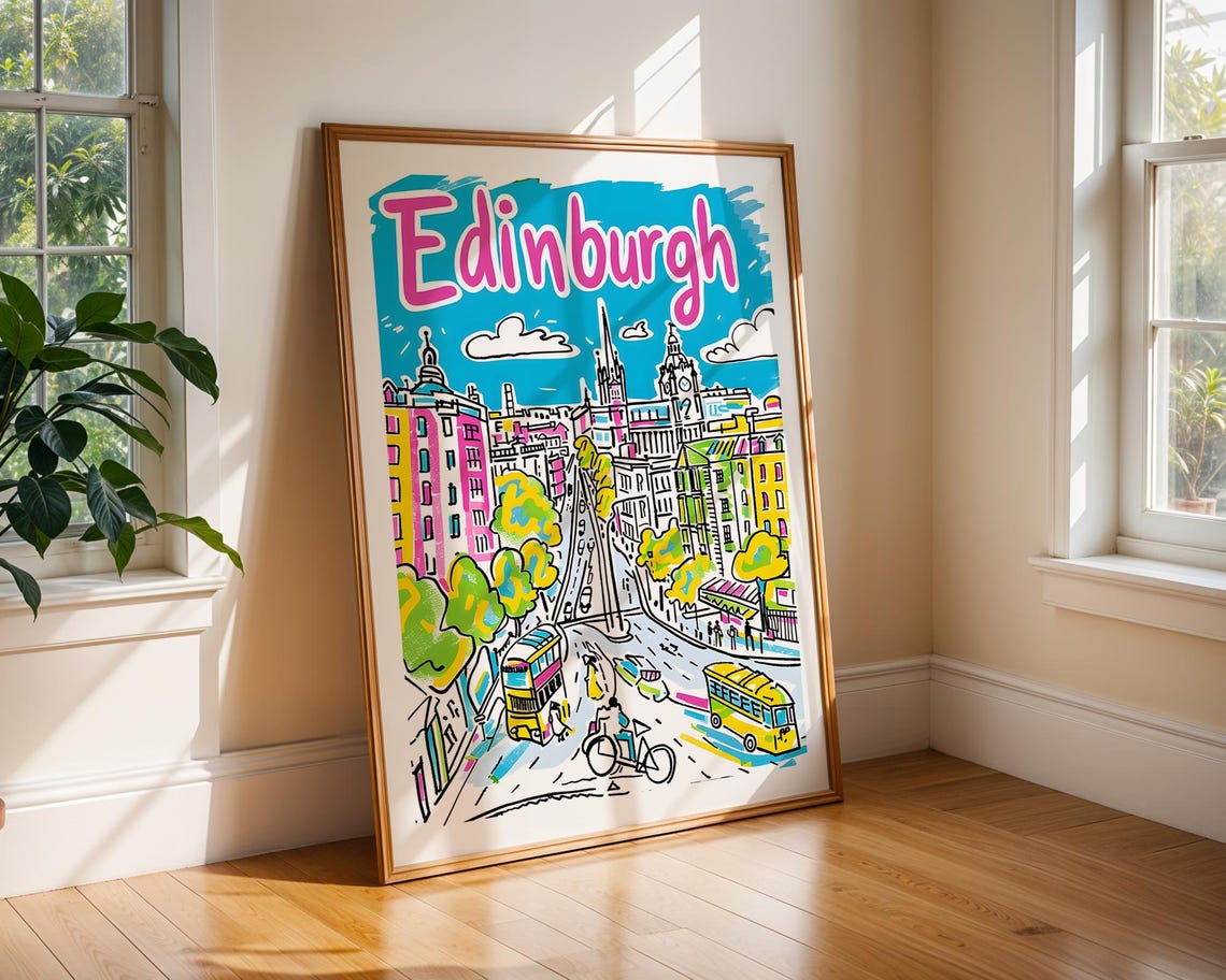 Edinburgh Handdrawn Colorful Cityscape Tram Travel Art Poster