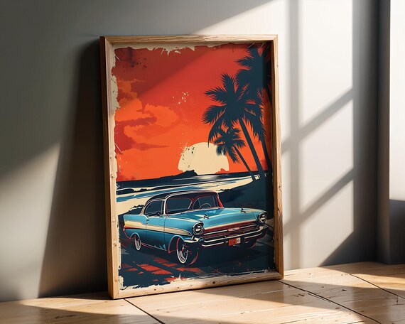 Classic Chevy Car Wall Art Retro Sunset Beach Scene With Palm Trees Vintage Coastal Drive Poster Bold Tropical Print