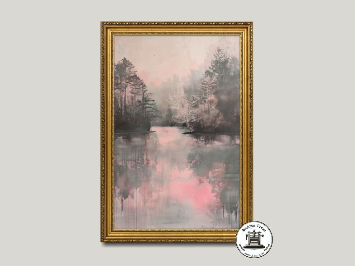 Misty Pink Lakeside Forest Reflection Landscape Painting Poster