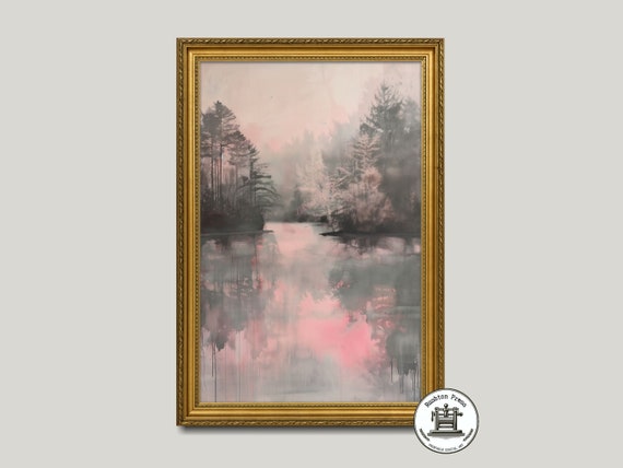Pinky Lakeside Forest Painting Misty Landscape Art Print Moody Atmospheric