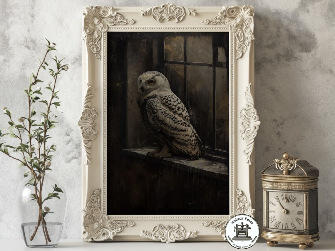 Vintage Snowy Owl Print Dark Academia Halloween Decor