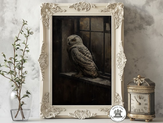 Vintage Snowy Owl Print Dark Academia Halloween Decor