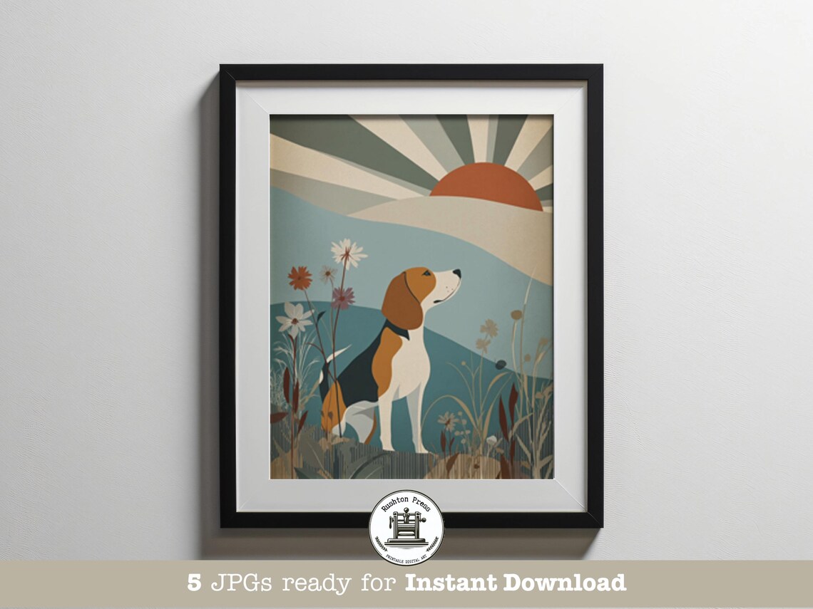 Midcentury Modern Beagle Dog Wildflower Meadow Sunrise Wall Art