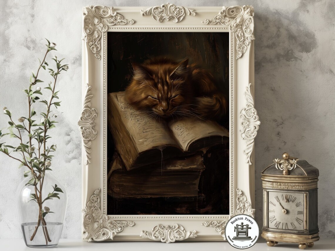 Vintage Cat Oil Painting Print Dark Academia Halloween Decor